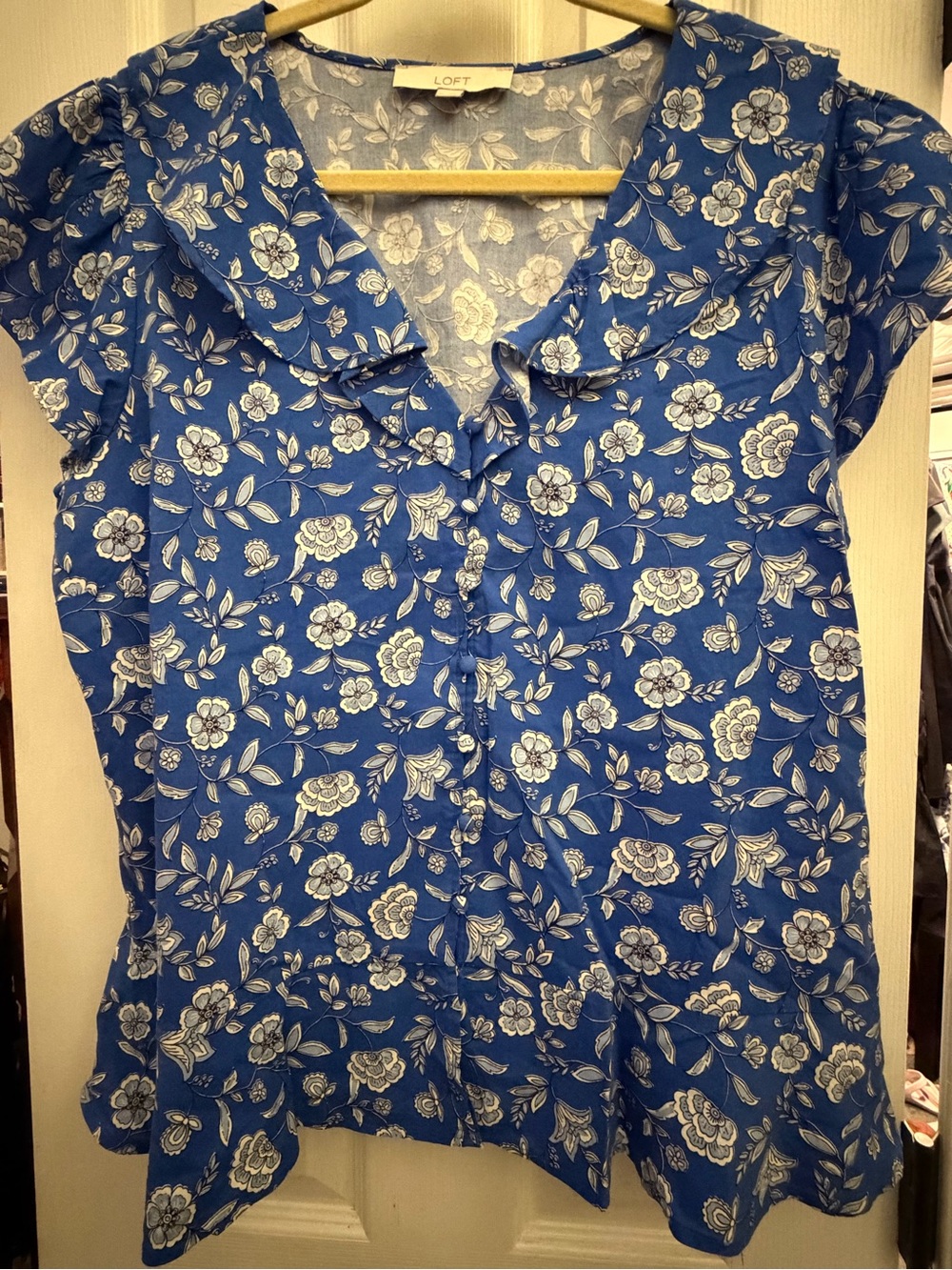 LOFT Royal Blue Floral Ruffle Cap Sleeve Blouse